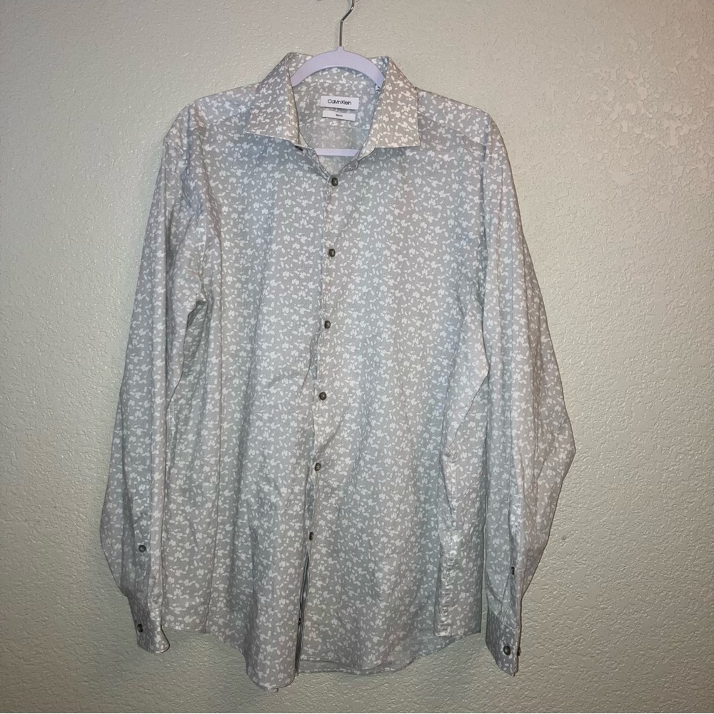 Calvin Klein Grey and White Long Sleeve Button Up